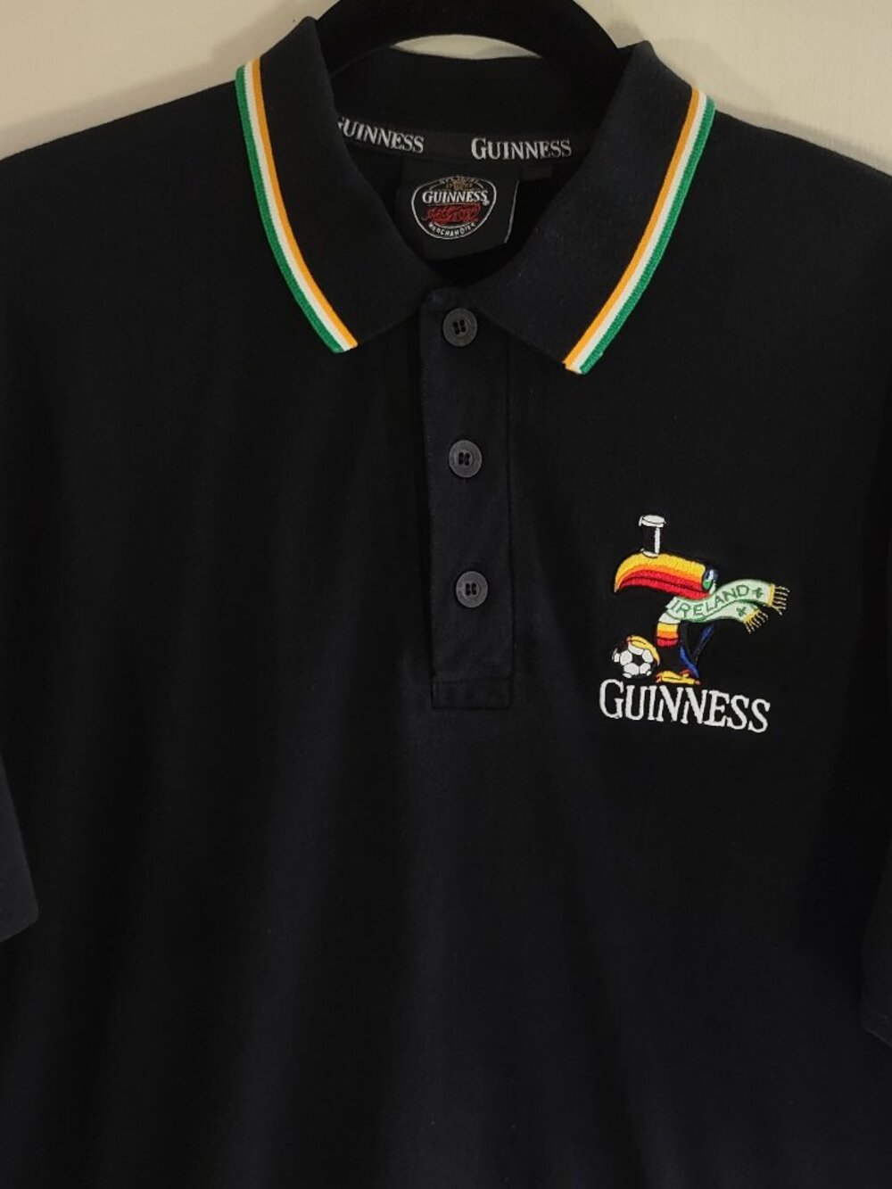 Guinness Ireland Toucan Polo Shirt Men's Large Black w/ Stripes Soccer Football